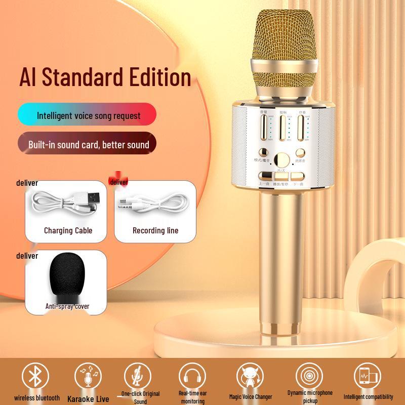 Wireless Bluetooth K-Song Microphone & Speaker with Built-in Sound Card for TV and Mobile