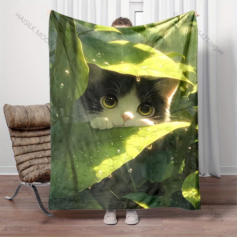 Multiple Sizes Cat Hiding Under Leaves Blanket Suitable for Home Bedroom Sofa Travel Camping Blanket Various Sizes for Gifts