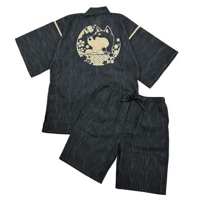 Edoten Shijira-woven Jinbei, Cool Summer Wear, 100% Cotton, Discharge-dyed Original Japanese Pattern, Shiba Inu Hinoki Fence, Black, Size L