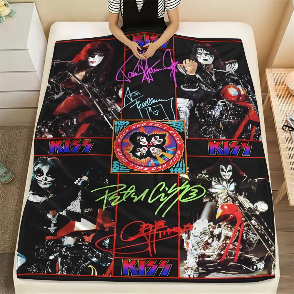 1Pc Rock Kiss Band Print Flannel Blanket, High Quality Comfortable for All Seasons, Home Decor, Warmth and Comfort, Perfect for Christmas Gifts