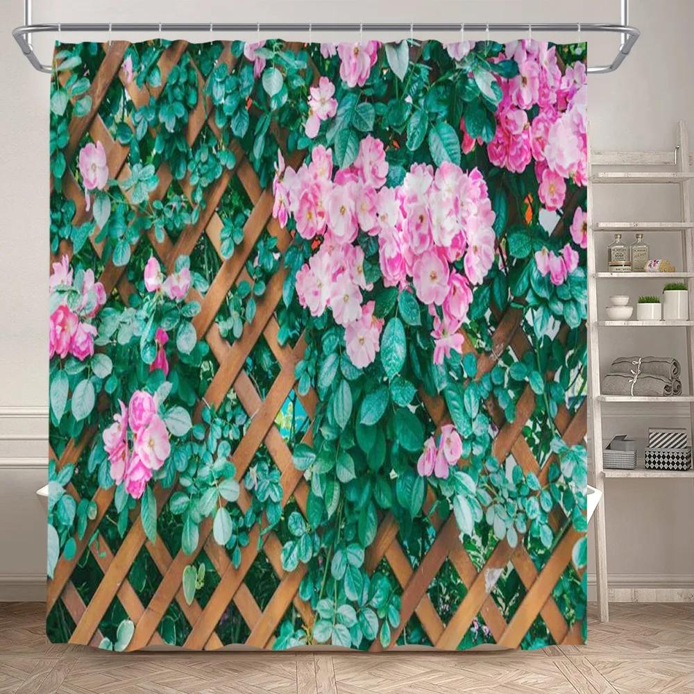 Fence Flowers Shower Curtains Blue Window Nature Floral Plants Scenery Modern Garden Wall Hanging Home Bathroom Decor with Hooks