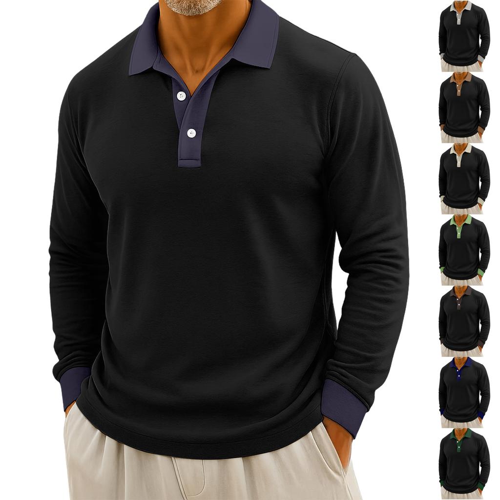 Men's Casual Color-Blocked Button-Up Long-Sleeve Tops