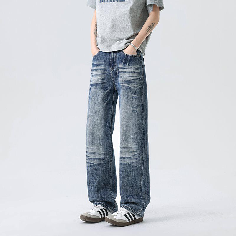 High-Quality American Retro Distressed Men's Straight-Leg Jeans with Cat Whiskers Design - 2026 Bestseller