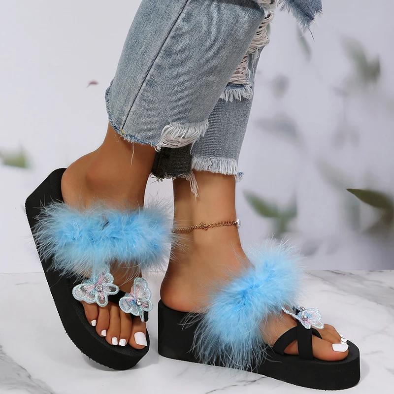 

Модные летние шлепанцы с бантом для женщин, повседневные, с меховой отделкой, на танкетке, шлепанцы, женские, для ежедневной носки, износостойкие, с мягкой подошвой, слайды 42 небесно-голубой