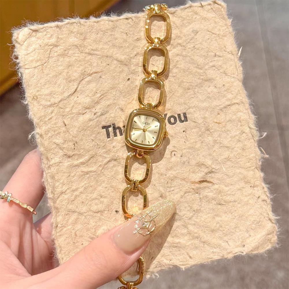 GEDI Light Luxury Fashionable Watches For Woman Gold Square Dial Hollowed Out Bracelet Women's Quartz Wristwatches Clock Gifts