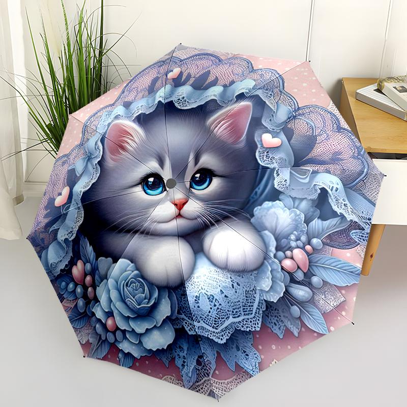 Niedlicher Katze Automatischer Faltbarer Regenschirm Kompakt, Leicht, Einziehbar, Perfekt für Outdoor-Abenteuer und festliche Geschenke
