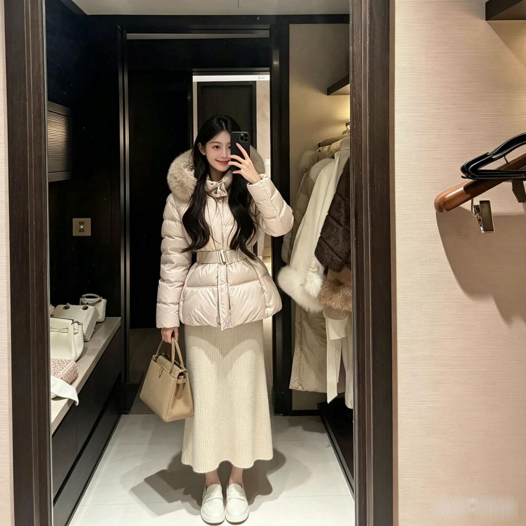 Hourglass waist down jacket gentle wind warm big fur collar hooded waist thin white duck down women winter new