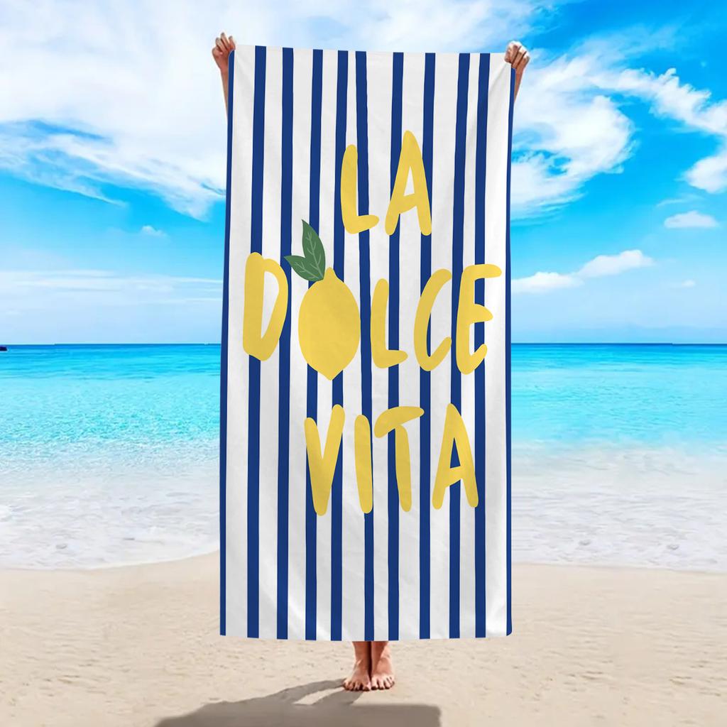1pc striped lemon "La Dolce Vita" printed beach towel, a multifunctional beach towel suitable for camping, vacation and swimming
