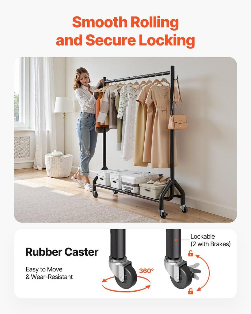 Clothes Rack, Rolling Clothing Garment Rack with Hanging Rod and Side Hooks, 90 kg Load Capacity, Heavy Duty Carbon Steel Clothing Racks with Wheels,
