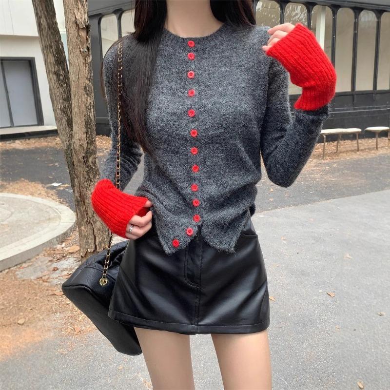 Schickes Kontrastfarben-Design Strickcardigan-Pullover Damen Herbst und Winter Neu Süß Figurbetont und Dünn Langärmlig Nischen-Oberteil