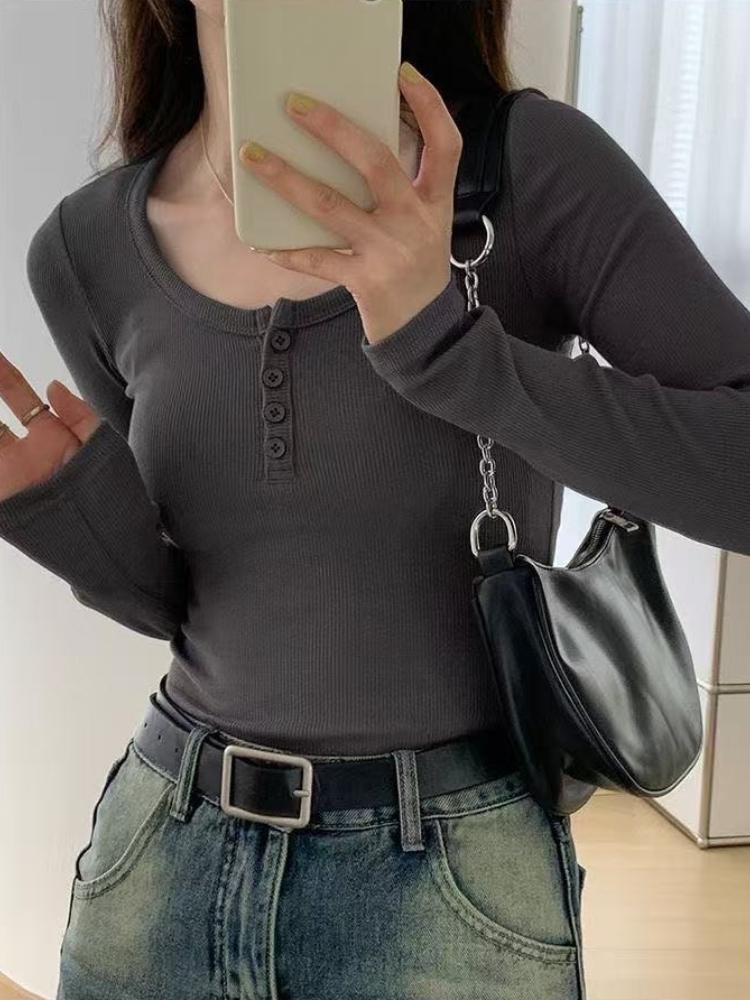 Korea Chic U-collar Base Bottom T-shirt Women Casual Long Sleeves Sweet Slim Tees Harajuku Solid Elegant Clothing Winter Winter