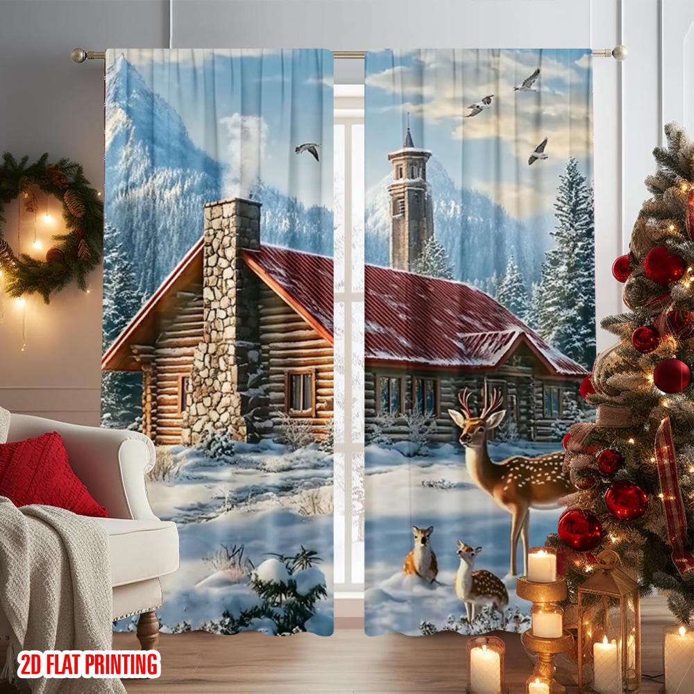 2ks 2D plochý tisk Veselé Vánoce Okenní závěsy Kardinál Jelen 100% Polyester Bez elektřiny Slavnostní Svátek pro