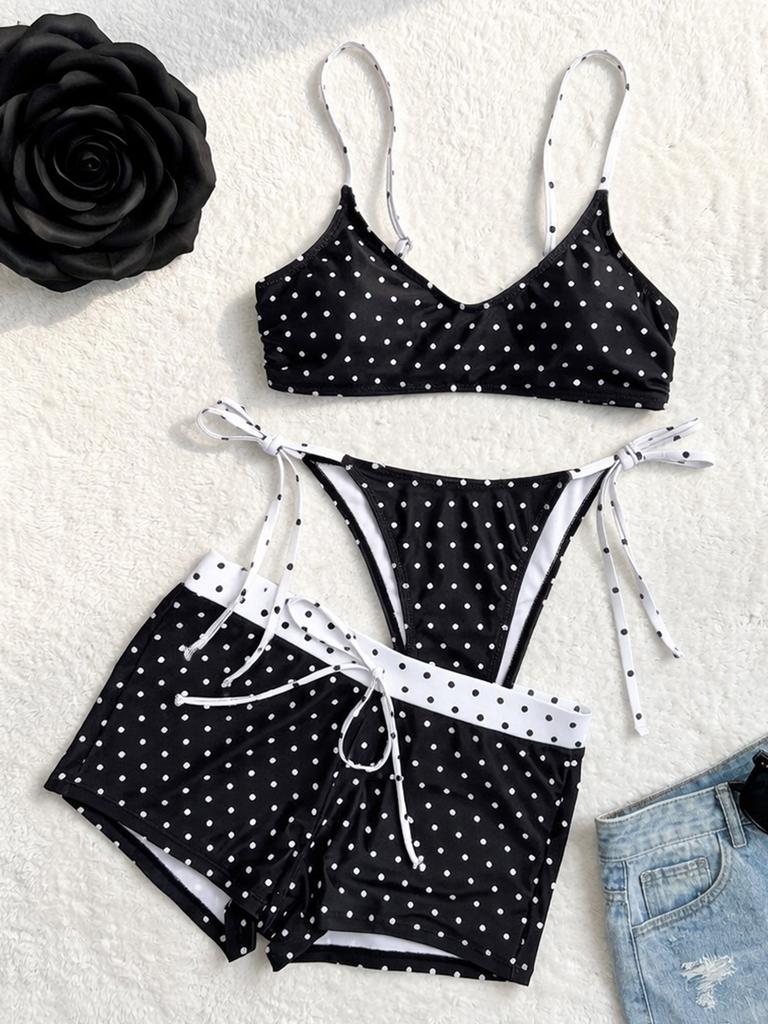Set Bikini Două Piese cu Imprimeu Buline și Pantaloncini Set Trei Piese Elegant Modest