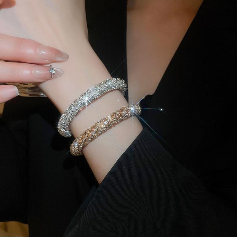 Sparkling Rhinestones Threaded Round Open Bangle Bracelet Adjustable Metal Wrist Jewelry Gift For Women Lady