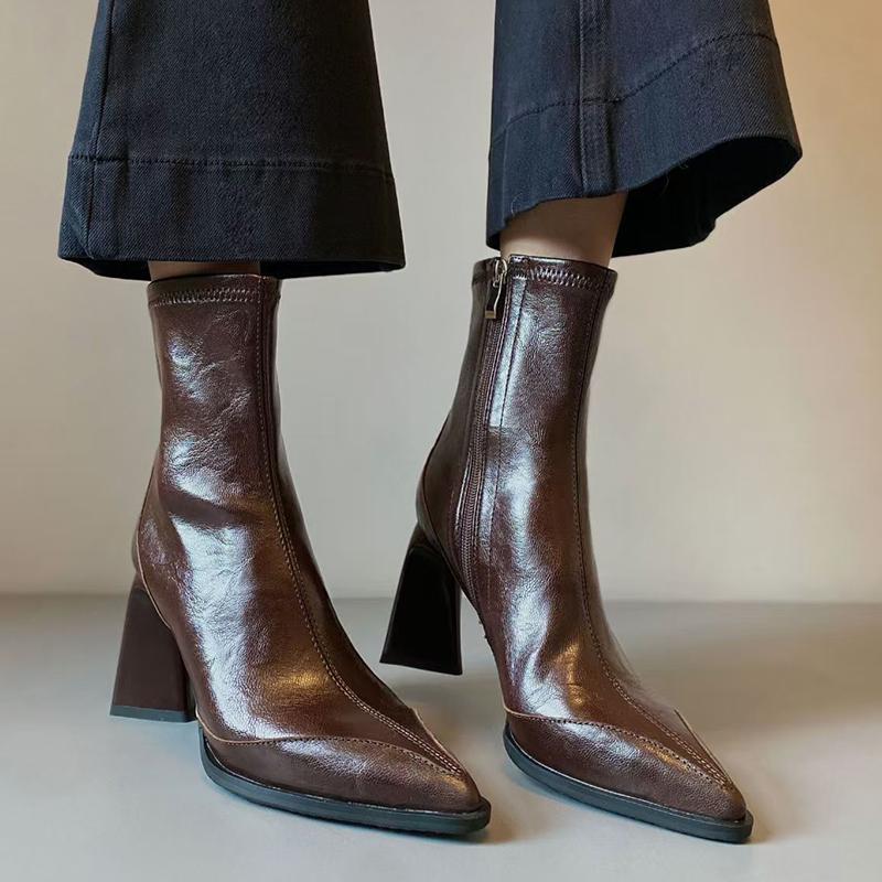 Brand Design Pointed Toe Black Ankle Boots for Women 2025 Autumn French High Heel Boots Woman Side Zipper PU Leather Botas Mujer