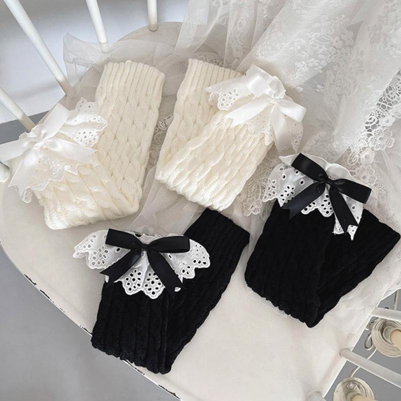 Winter Autumn Twist Cable Knitted Leg Warmers Cute Bowknot Ruffled Lace Foot Covers Middle Tube Calf Socks for Women