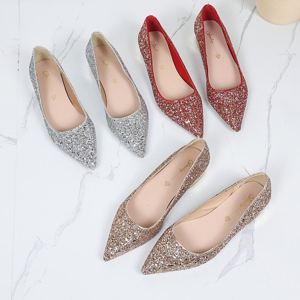 Fashion Women Pumps Pointed High Heel Crystal Wedding Shoes Low Heel Women Shoes 2025 New Style Shallow Sole Thick Heel Single Pumps