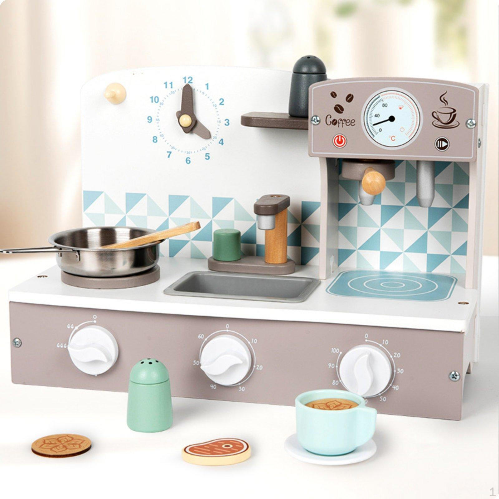 Toy Coffee Maker Kitchen Realistic Details Wooden Play Cooktop MultiFunction Pretend
