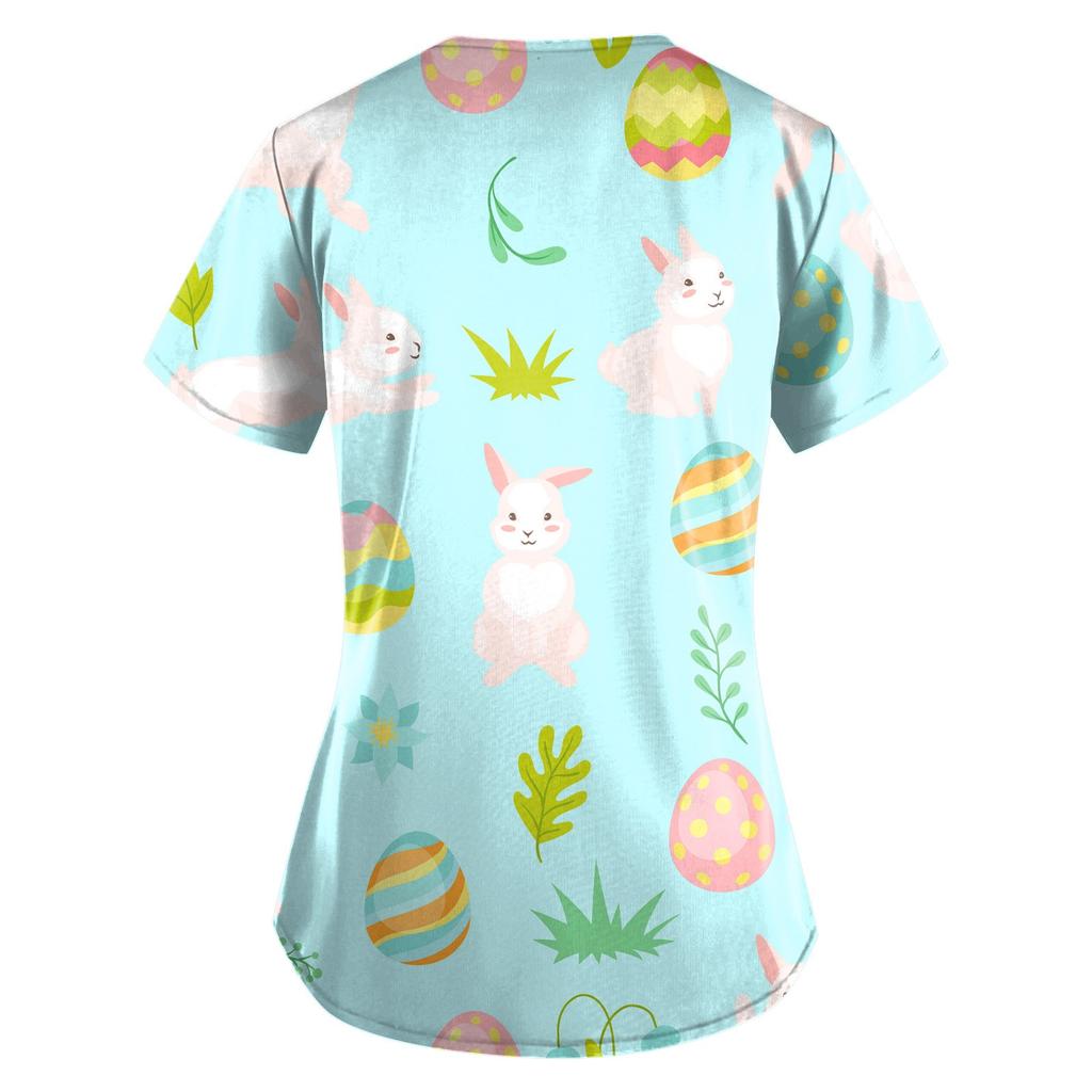 Women Fashion Easter Print V-neck Short Sleeve Workwear With Pockets Tops