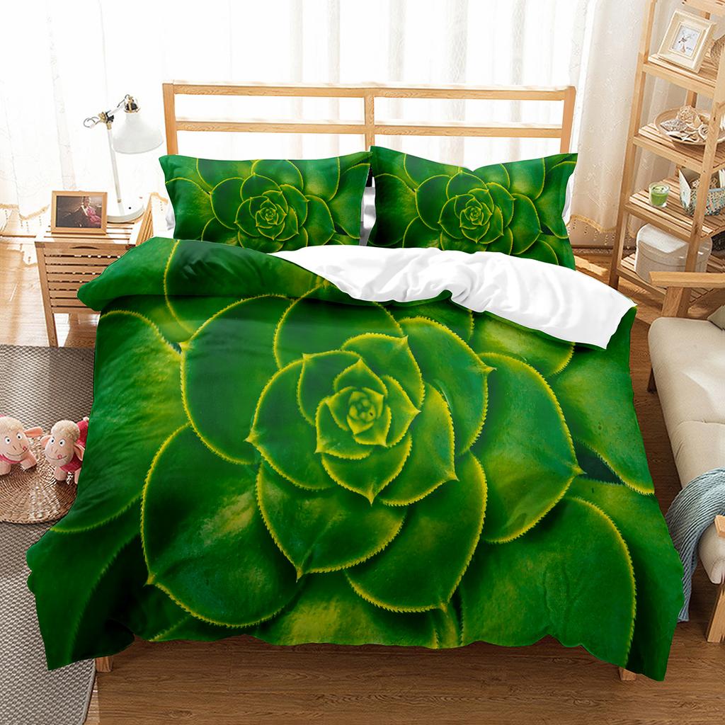 Succulent Plants Green Plant Duvet Cover Set Polyester Comforter Cover King Queen Full Size Bedding Set with Pillowcase for Teen