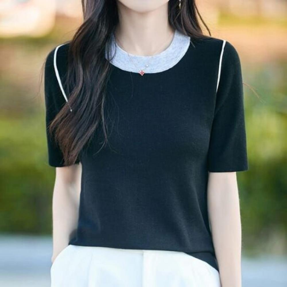 Navava Women Simple Daily Color Block Round Neck Short Sleeve Knit Top Nk2967