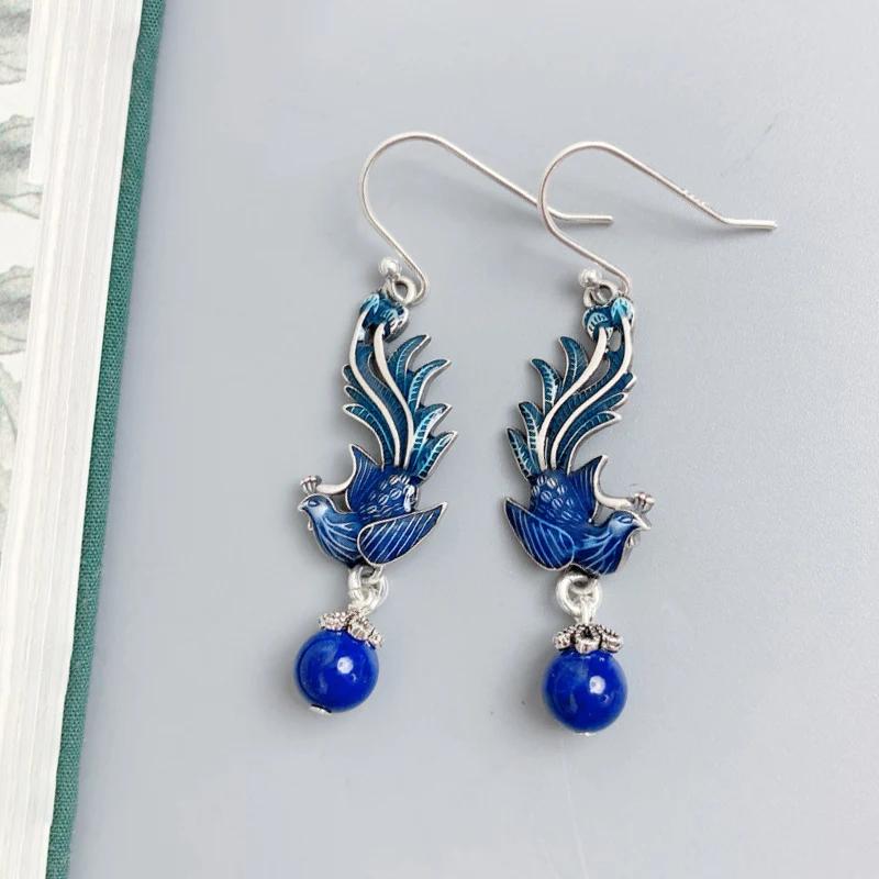 Blue Enamel Phoenix Tassel Earrings For Women Female Chinese Style Exaggerated Lapis Lazuli Earings Banquet Jewelry