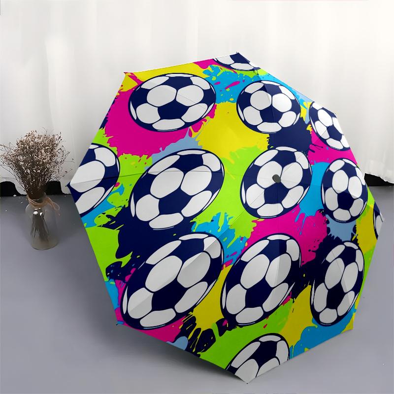 Soccer Ball Pattern Automatic Folding Umbrella  Simple Eight Rib Design, Bright Color Pattern, Durable Iron Frame, Ideal for Travel and Outd