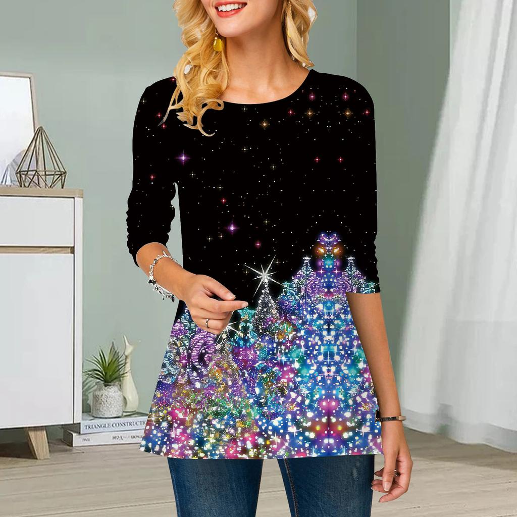 Übergröße Damen Blumen Schneeflockendruck Rundhals Lässiges lockeres Langarmoberteil