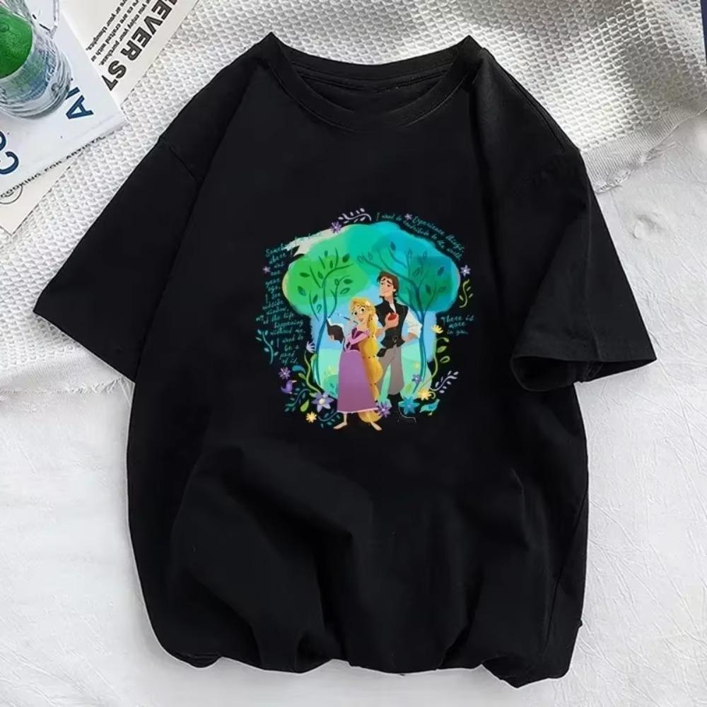 Summer Women T Shirts Kawaii  Cartoon Tangled Rapunzel Pascal Print Harajuku Casual O-neck Men's Short Sleeve Y2k Tops Tee