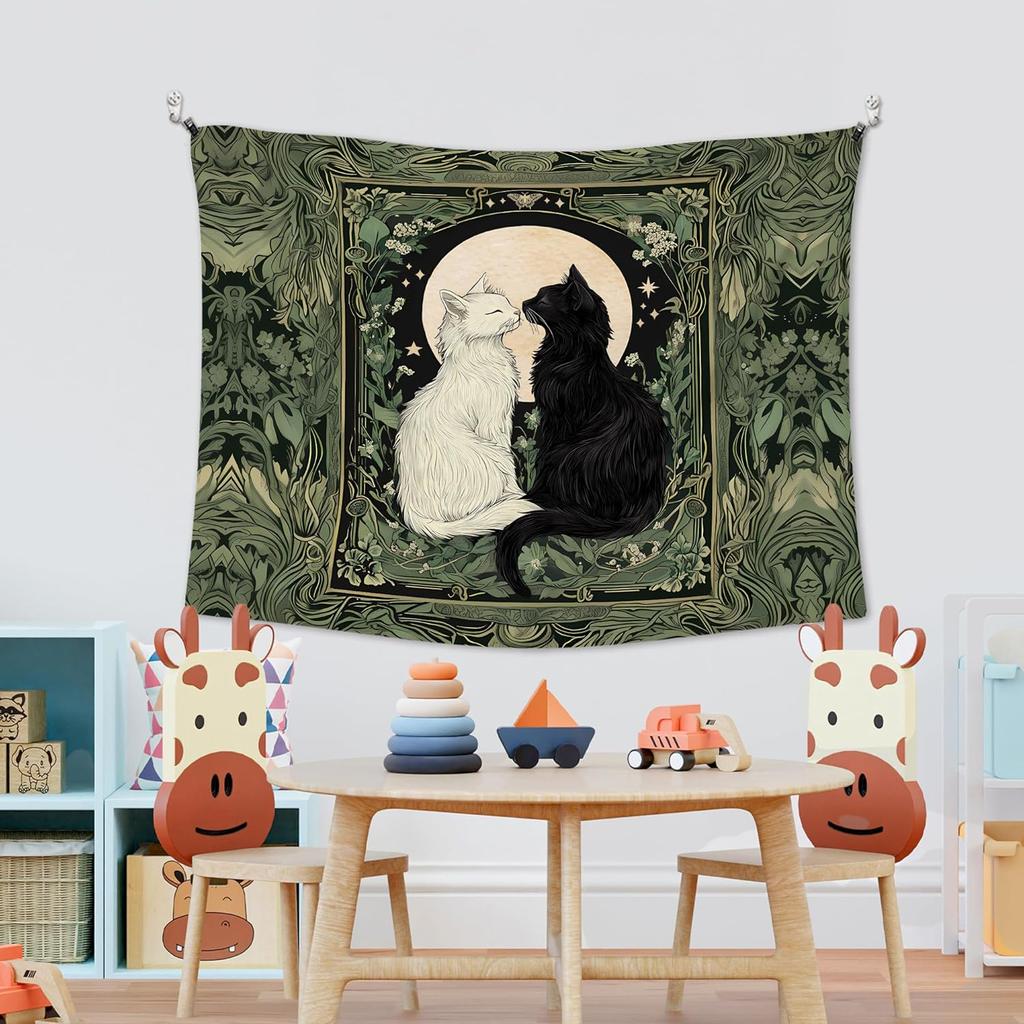 Vintage Black and White Cat Wall Tapestry,Cat Mom Lovers Gifts Wall Tapestry Hanging for Bedroom, Tarot Card Botanical Aesthetic