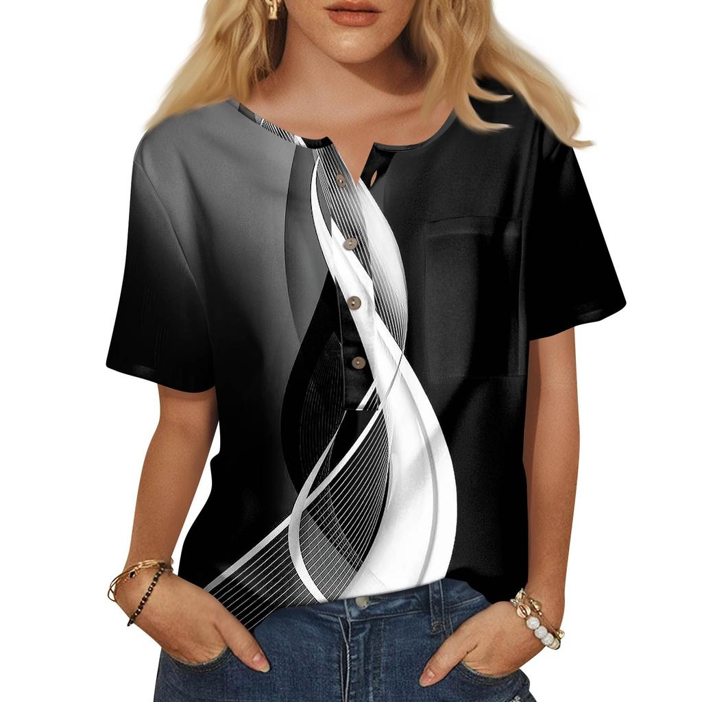 Damenmode, lässig, kurzärmelig, bedruckt, Rundhalspullover, Top-Bluse