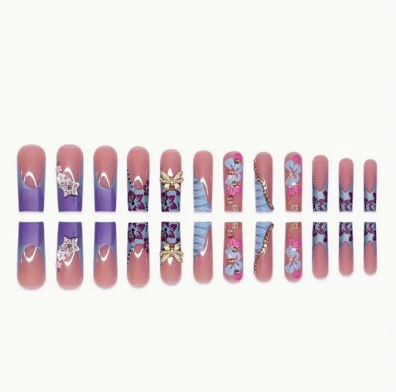 24Pcs Long Coffin Press On Nails, Blue French 3D Flower & Butterfly Rhinestone False Nails