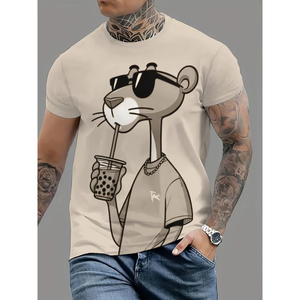 Summer Mens T-shirts Cartoon Pink Panther Print Short Sleeve O-neck Tees Casual Loose Daily Sports Oversized Unisex Tops