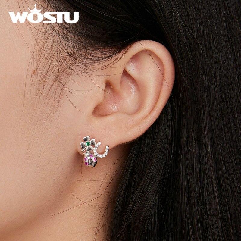 WOSTU 925 Srebro Sterling Wielokolorowe Lucky Four Clover Biedronka Kolczyki Sztyfty Dla Kobiet Piękne Klipsy Do Uszu Biżuteria Prezent Urodzinowy