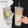 1PCS Crystal Grid Glass Tumbler with Straw & Lid Diamond or Vertical Stripe Texture Large Capacity Reusable Cup for Iced Coffee