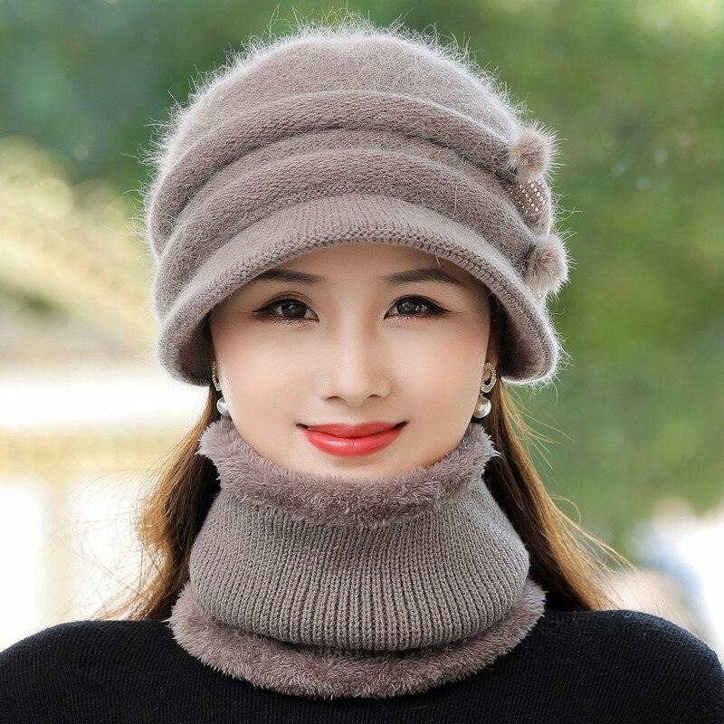 New Women Winter Hat Keep Warm Mom Cap Add Fur Lined Warm Set Hat For Female Casual Rabbit Fur Bucket Knitted Hat