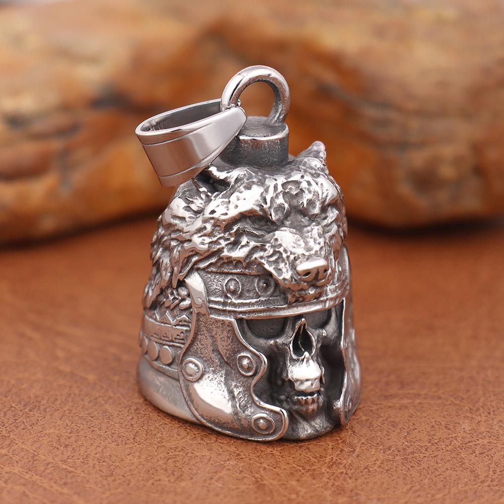 Vintage Gladiator Wolf Skull Guardian Bell Pendant Charm Stainless Steel Necklaces Punk Hip Hop Men Women Jewelry Halloween Gift