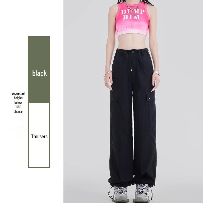 

Женские американские ретро черные брюки карго 2025 - Свободные, стройнящие, на кулиске, стиль широких штанин. 2XL