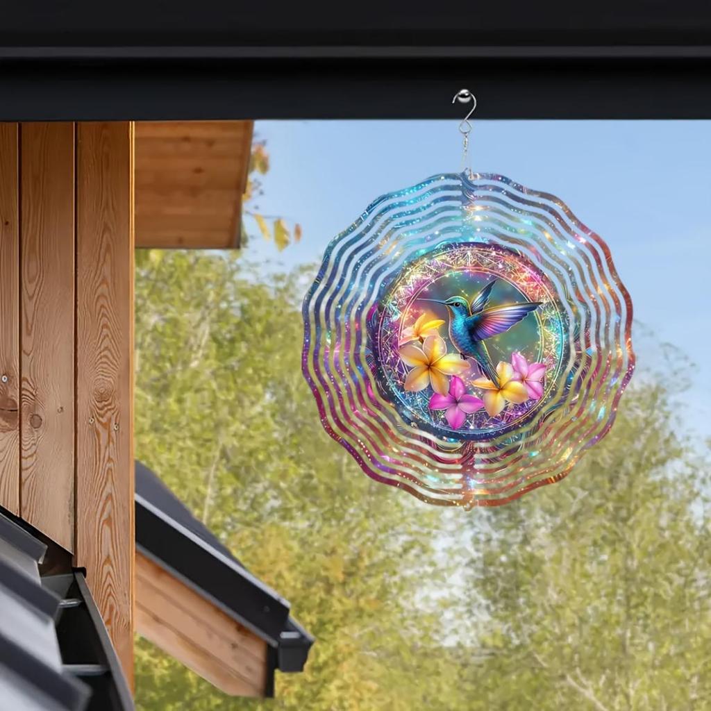 Vibrant 10-inch Hummingbird Wind Spinner – 3D Metal Kinetic Sculpture with 360° Rotating Hook, Floral & Bird Design – Outdoor/Indoor Garden Decor,