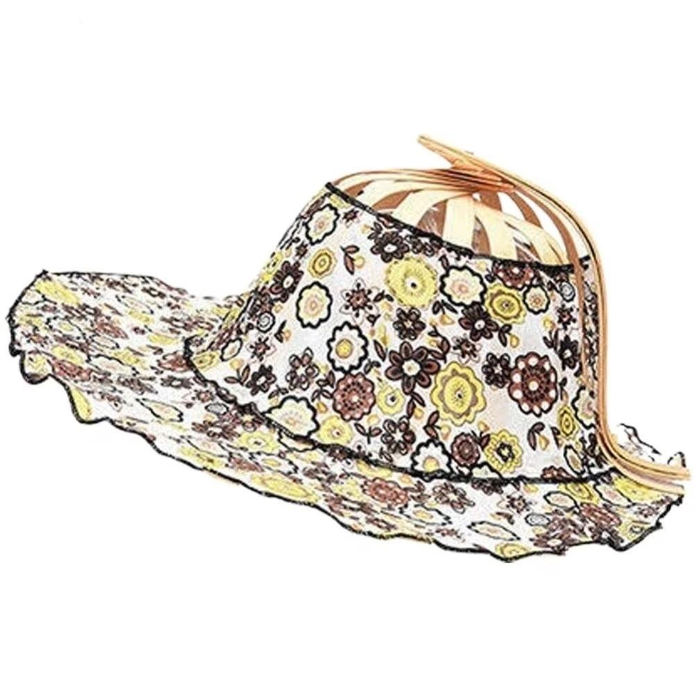 Floral Printed Fan Sun Hats Foldable Bamboo Sunscreen Cap Women Sunhat Folding Fan Hat  for Travel