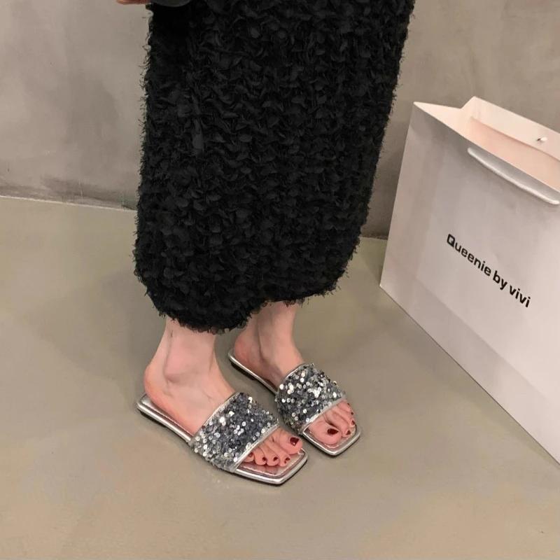 Fashion Women's Shoes 2024 High Quality Summer Solid Color Open Toe Women's Slippers Fashion Sequined Low Heel Women's Beach Slippers