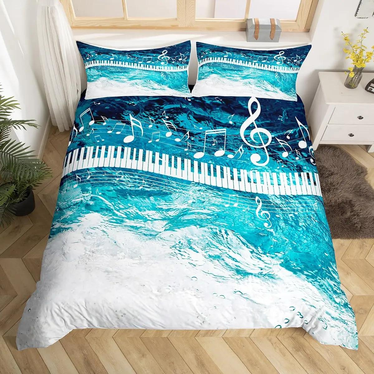

Комплект постельного белья с музыкальными нотами, черно-белый пододеяльник с рисунком для взрослых, 3 шт., с 2 наволочками 218x177cm 86x70in