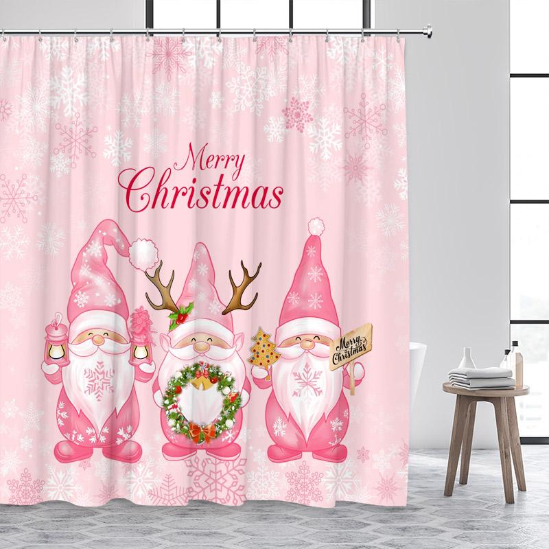 Cartoon Santa Claus Shower Curtains White Snowflake Wreath Blue Christmas Bath Curtain Set Fabric Home Bathroom Decor With Hooks