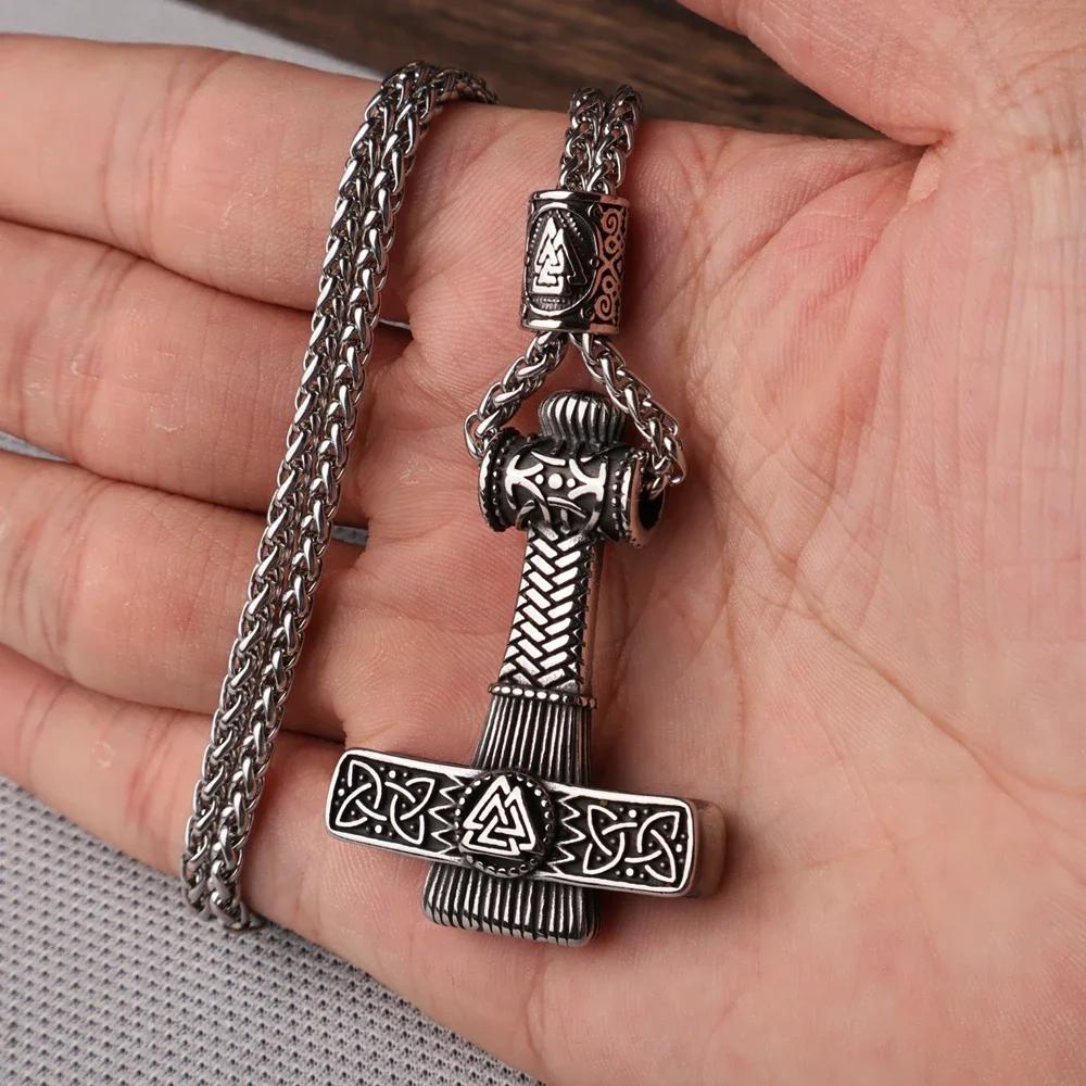 Flerfärgad pärlhalsband med vikingahammare och Thors hammare, rostfritt stål, herrhalsband, Mjolner amulett, smycken