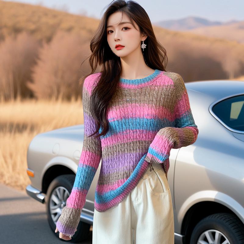 2025 Autumn Korean Tie-Dye Striped Round Neck Pullover Knit Sweater for Women