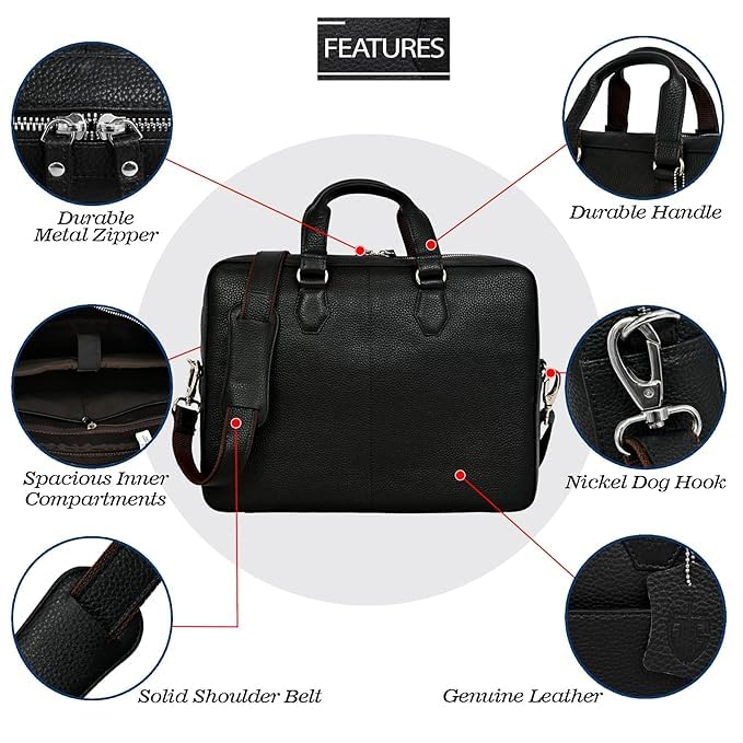Leather Laptop Briefcase Bag for Men, Vintage Durable Zipper Multi Pocket Office Business Work Travel Carry Messenger Shoulder Crossbody Bag