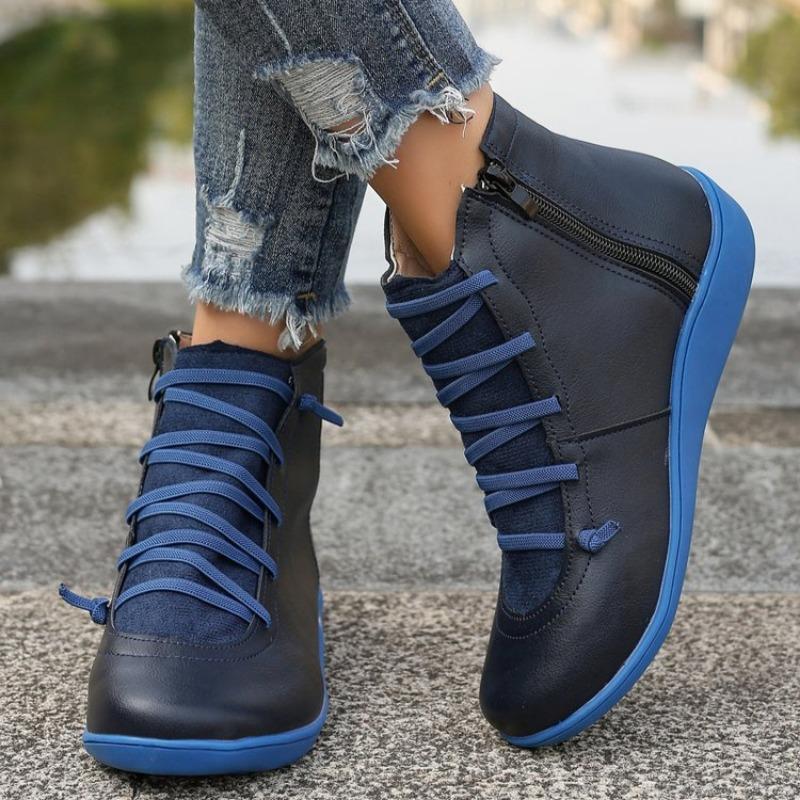 Fashion Women's Flat Single Boots Spring New Round Head Front Lacing Soft Sole Anti-slip Wear-resistant Short Boots