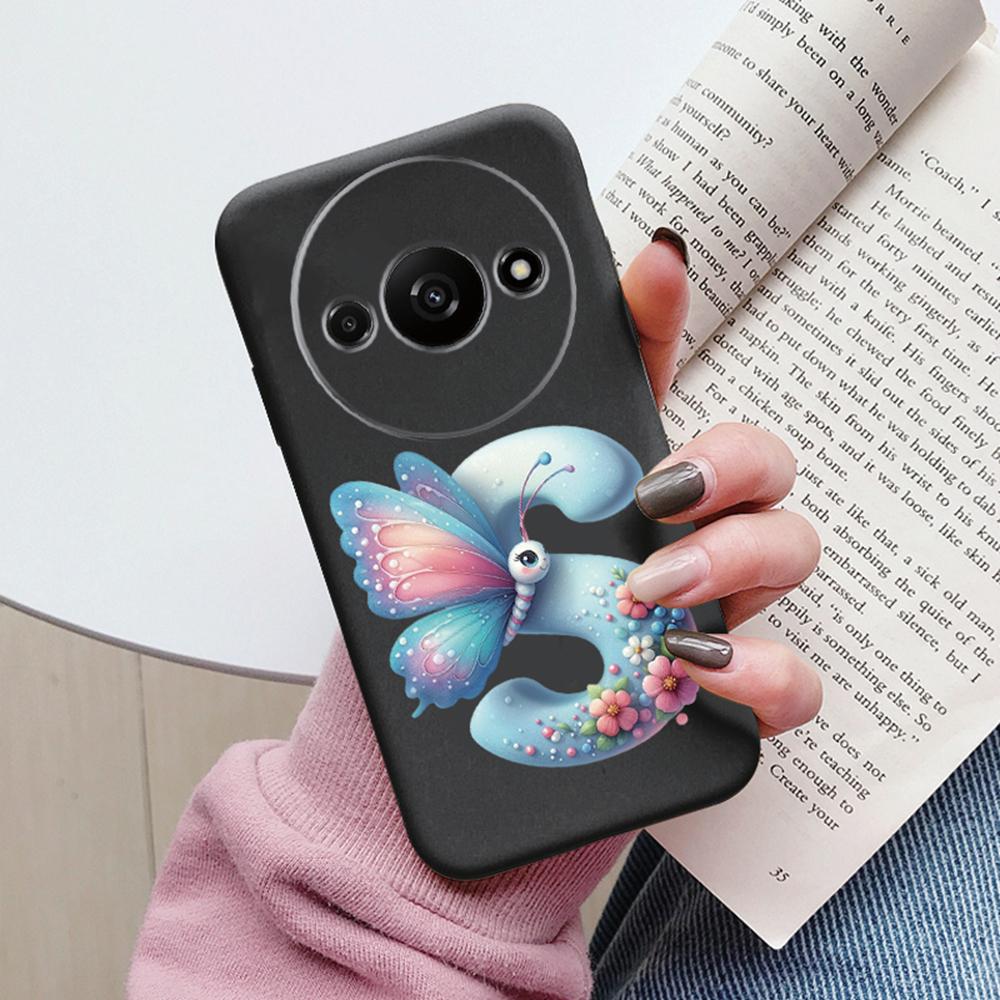 Handyhülle für Xiaomi Redmi A3 4G A3x Rosa Buchstabe Blume Schmetterling Stoßfest Weiches Silikon Cover Kameraschutz TPU Fundas