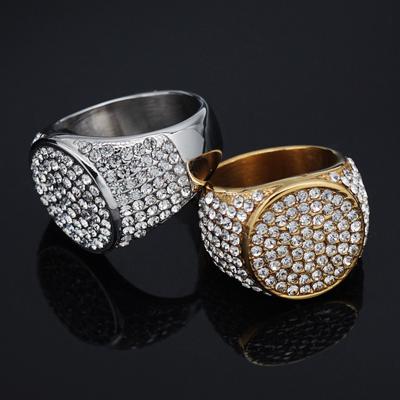 Iced Out Stainless Steel Ring for Men Real Gold Color with Rhinestone Hip Hop Fashion Jewelry