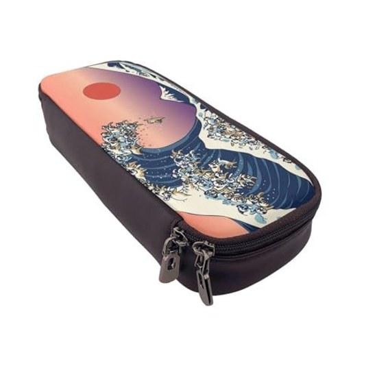 Shiba Inu Kanagawa Oki Nami Ura Pen Case Pencil Holder Large Capacity Box Multifunctional Stylish Leather Pouch Boys Girls Children Simple Tool High